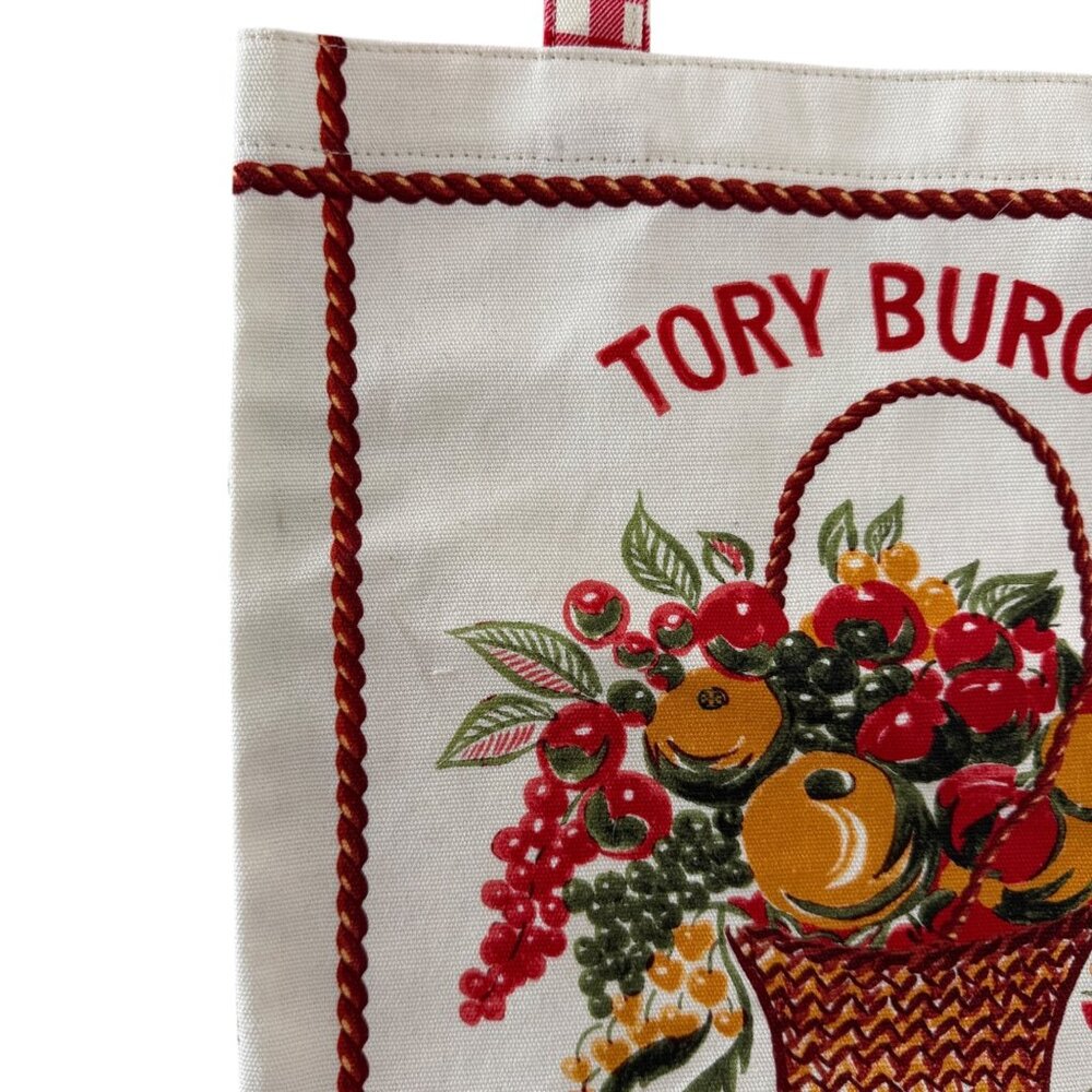 Tory Burch Red Fruits de Marche Plaid Gingham Market Tote Shopping Canvas Bag - Picture 7 of 16